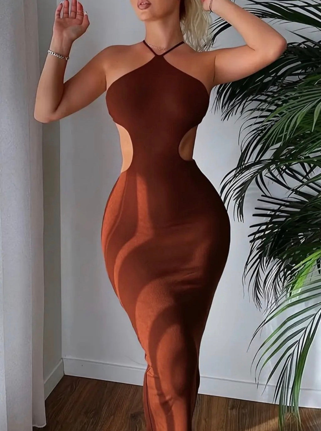 Brown Halter Cutout Bodycon Dress