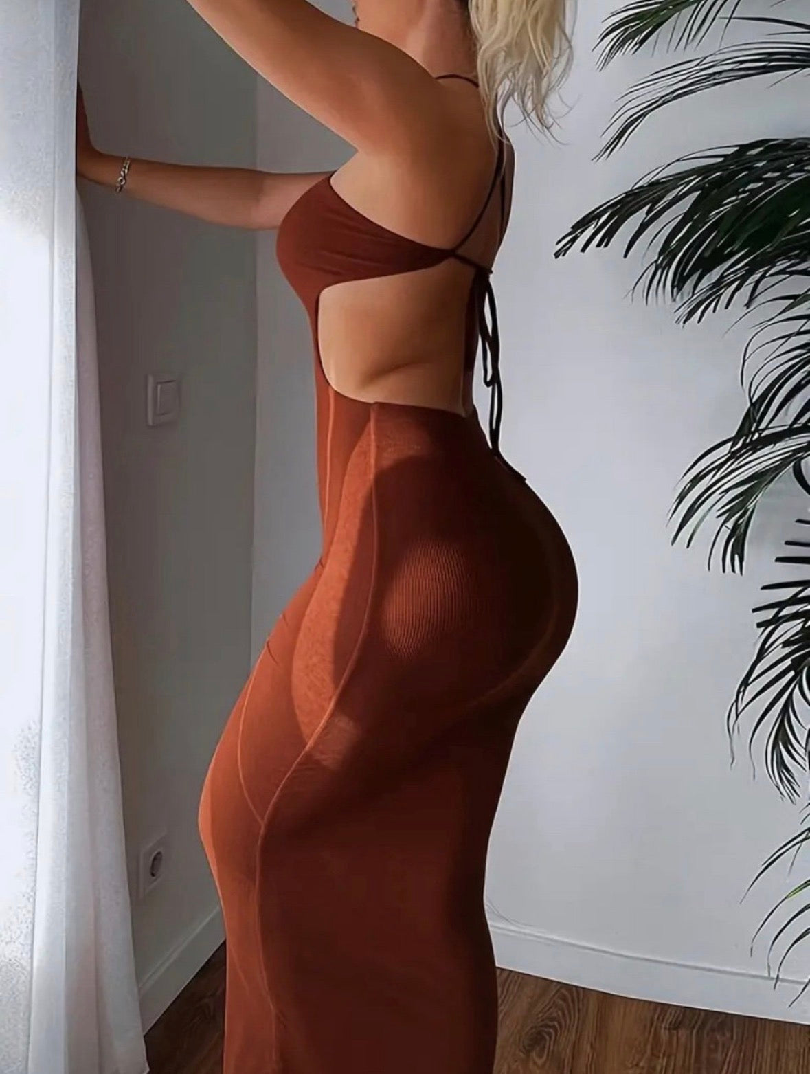 Brown Halter Cutout Bodycon Dress
