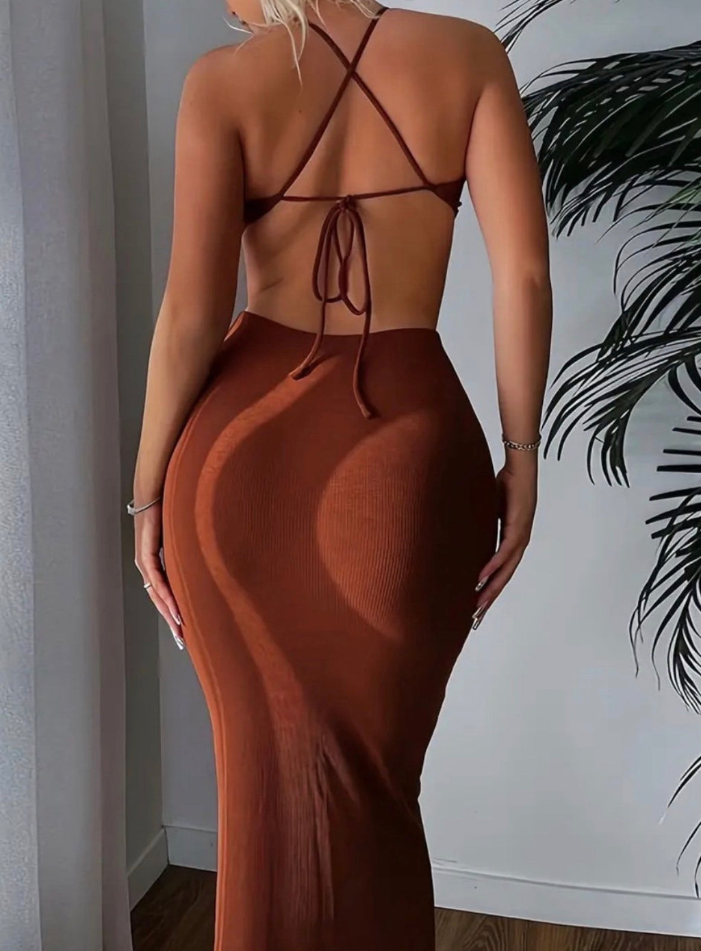 Brown Halter Cutout Bodycon Dress