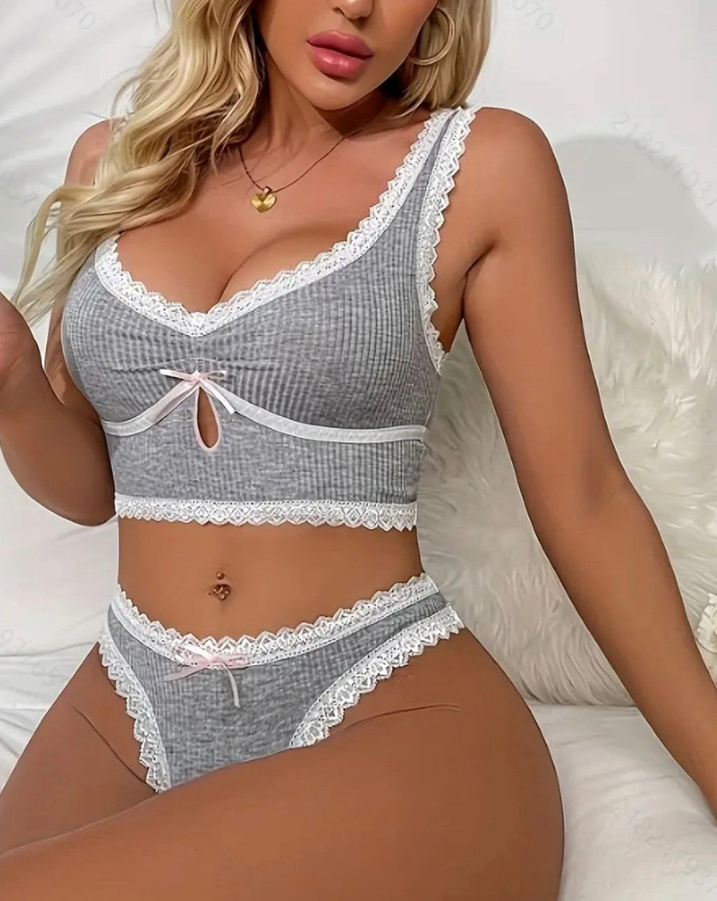 Women's Lace Trim Ribbed Bralette & Brief Set
