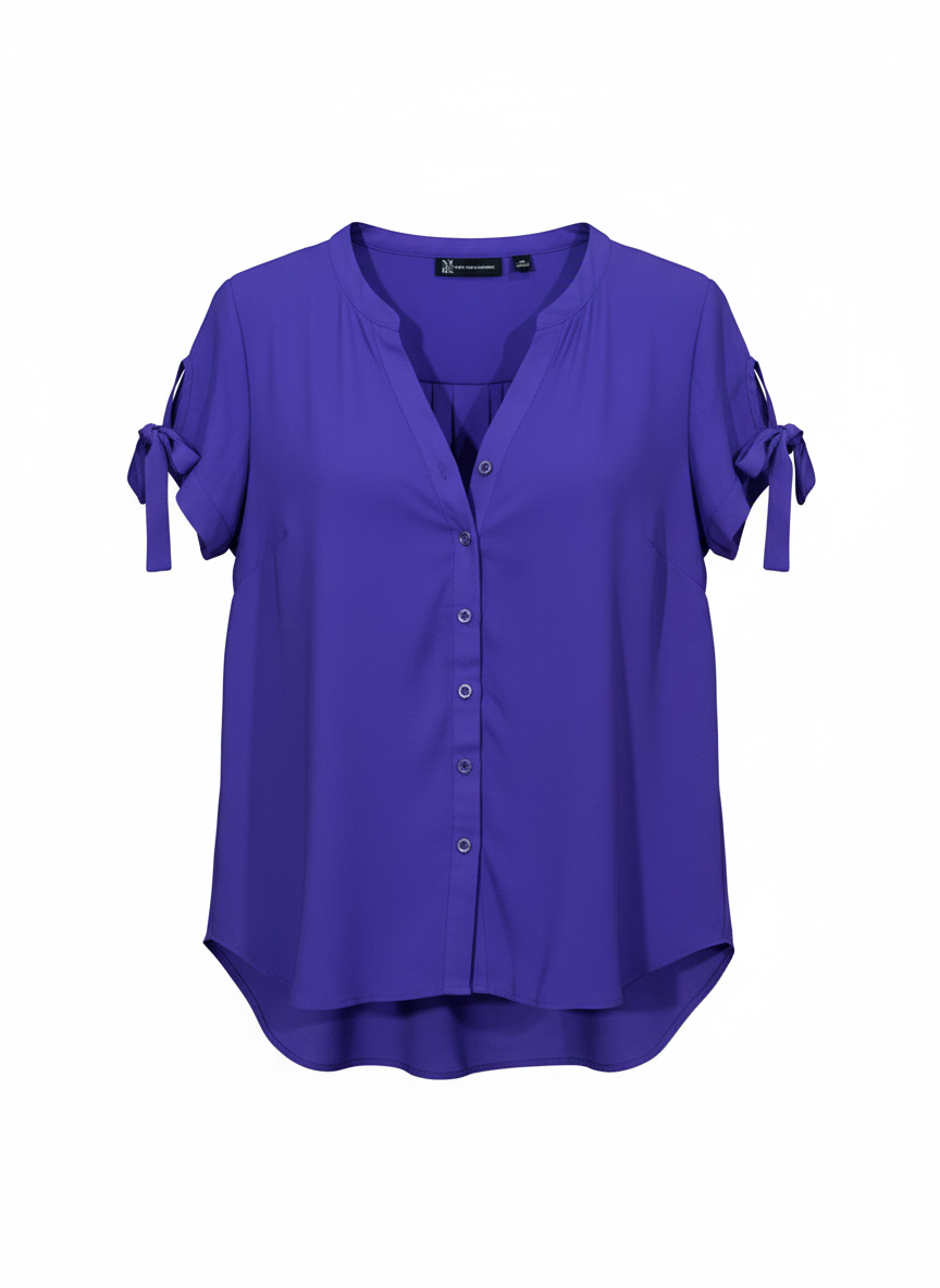 Womens Short-Sleeve Tie-Sleeve Button Front Blouse - Purple
