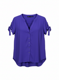 Womens Short-Sleeve Tie-Sleeve Button Front Blouse - Purple