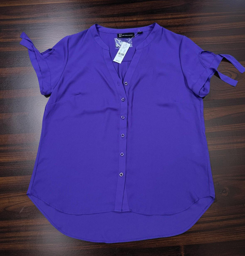 Womens Short-Sleeve Tie-Sleeve Button Front Blouse - Purple
