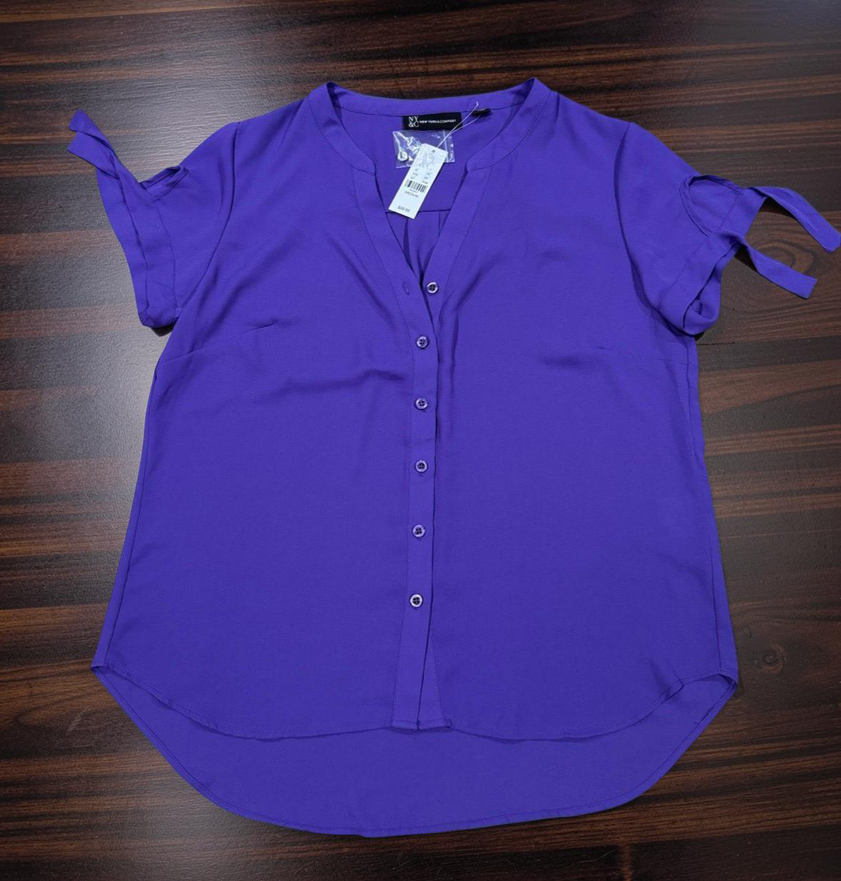 Womens Short-Sleeve Tie-Sleeve Button Front Blouse - Purple