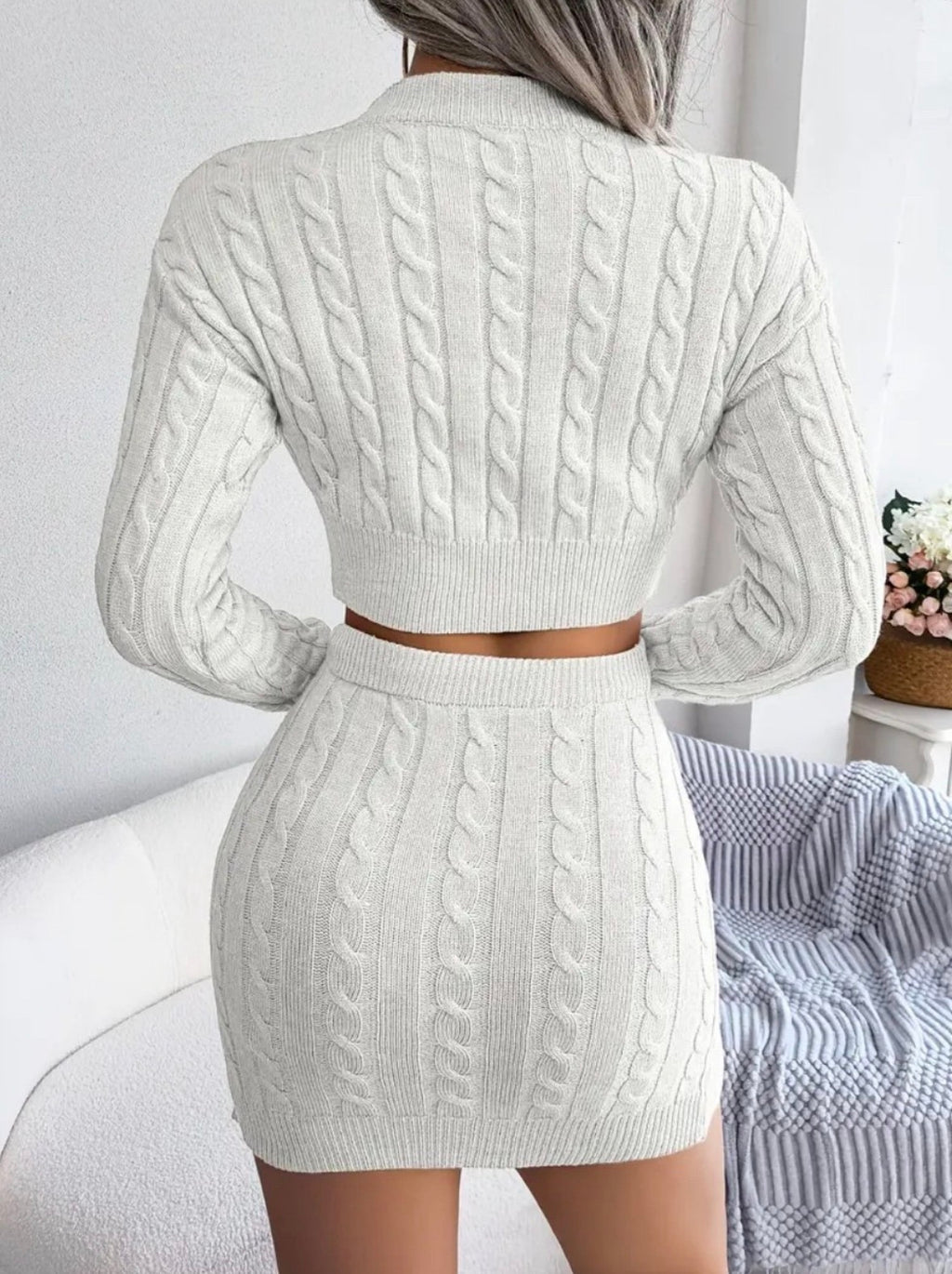 Two Piece Bodycon Cable Knit Skirt Suit