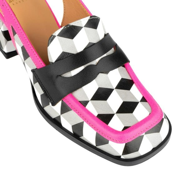 Embassy London Diana White Cubics square toe leather sling backs