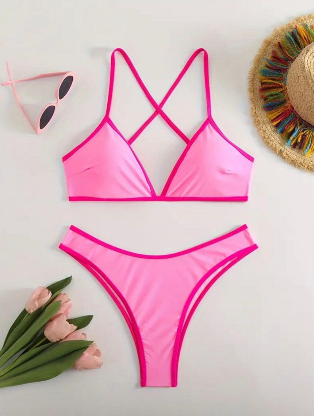 Women’s Pink Contrast Trim Bikini Set
