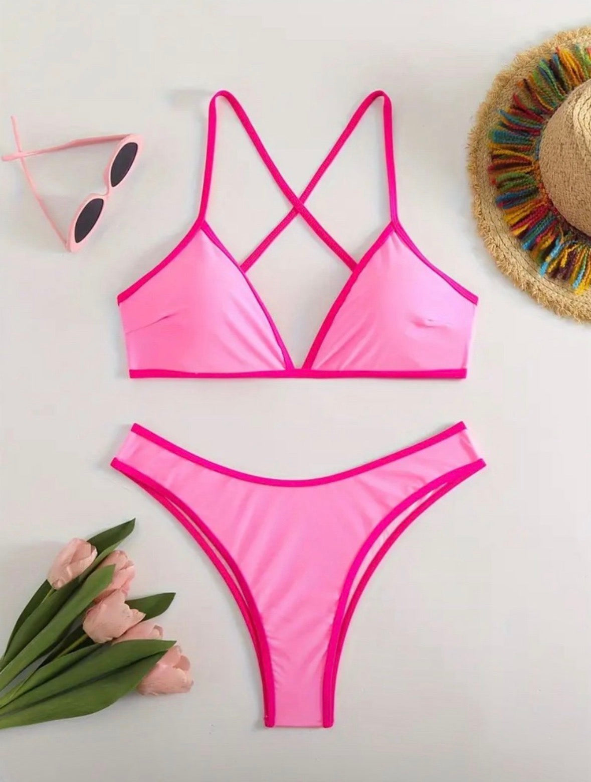 Women’s Pink Contrast Trim Bikini Set