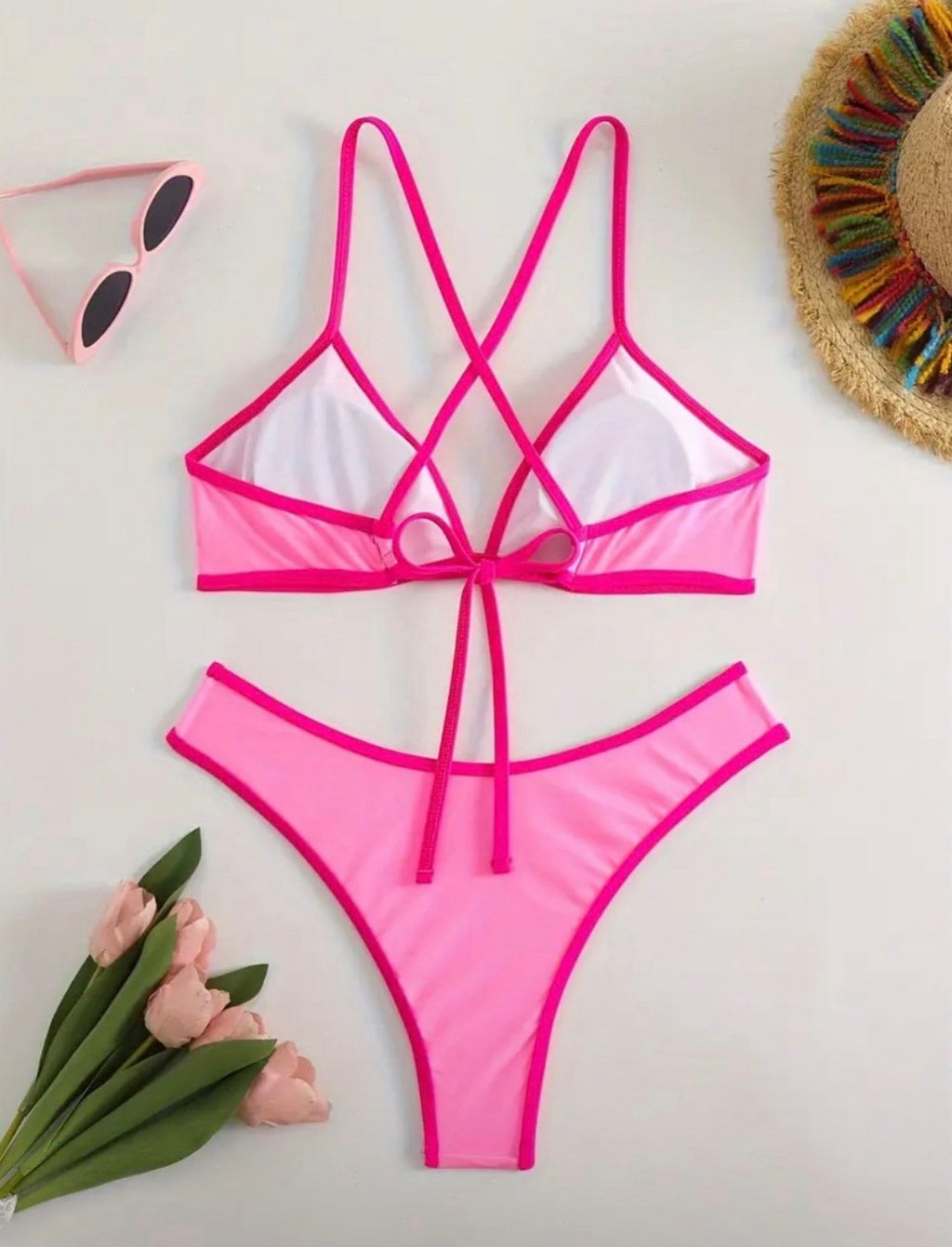 Women’s Pink Contrast Trim Bikini Set