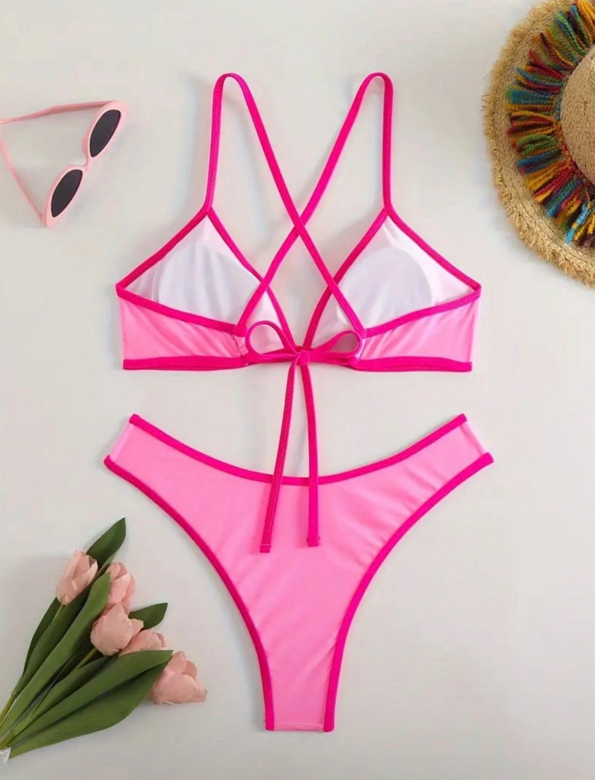 Women’s Pink Contrast Trim Bikini Set