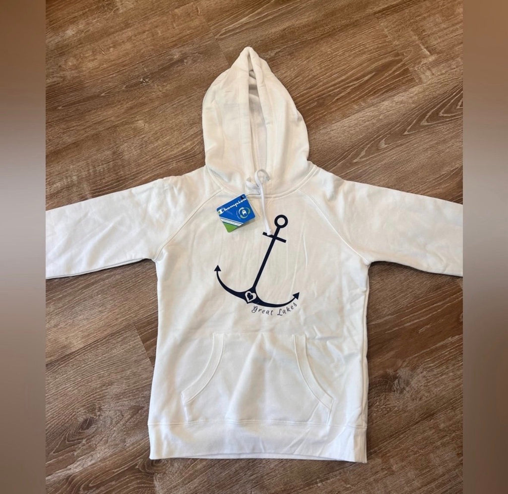 White Kids Hoodie with Navy Anchor Graphic