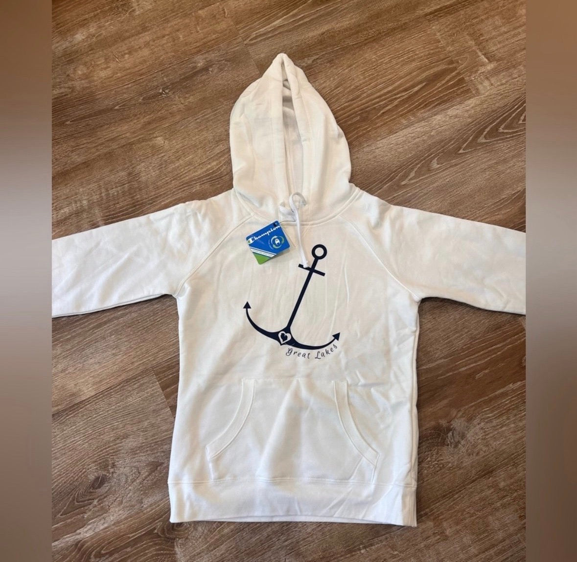 White Kids Hoodie with Navy Anchor Graphic