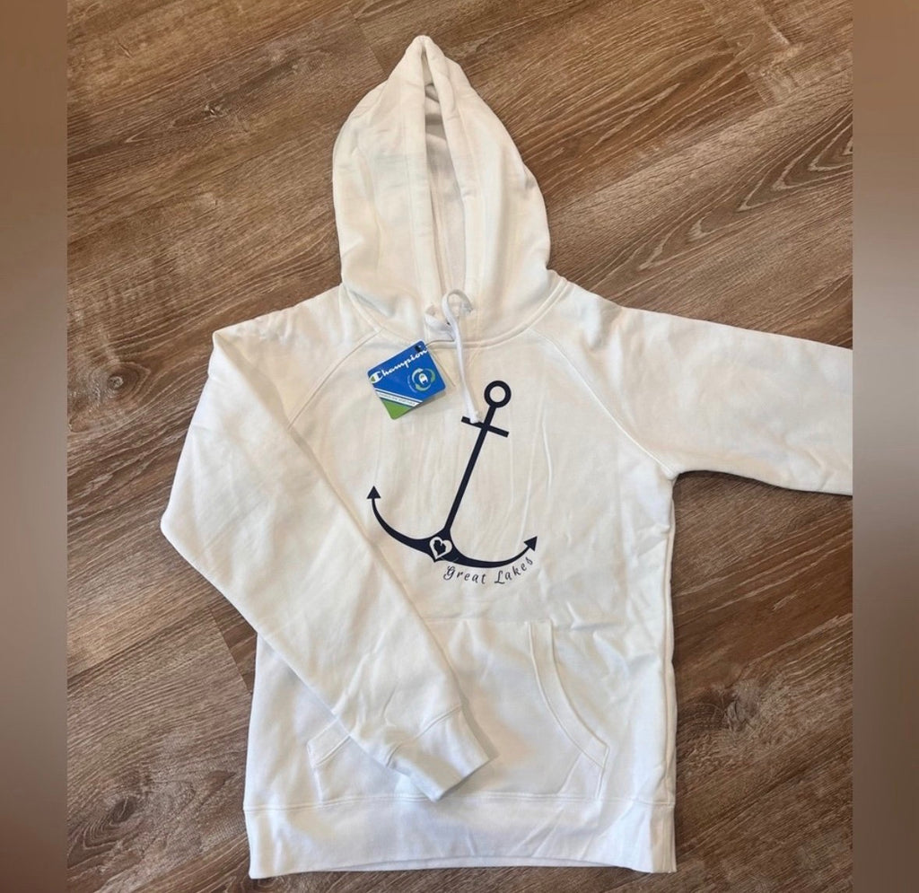 White Kids Hoodie with Navy Anchor Graphic
