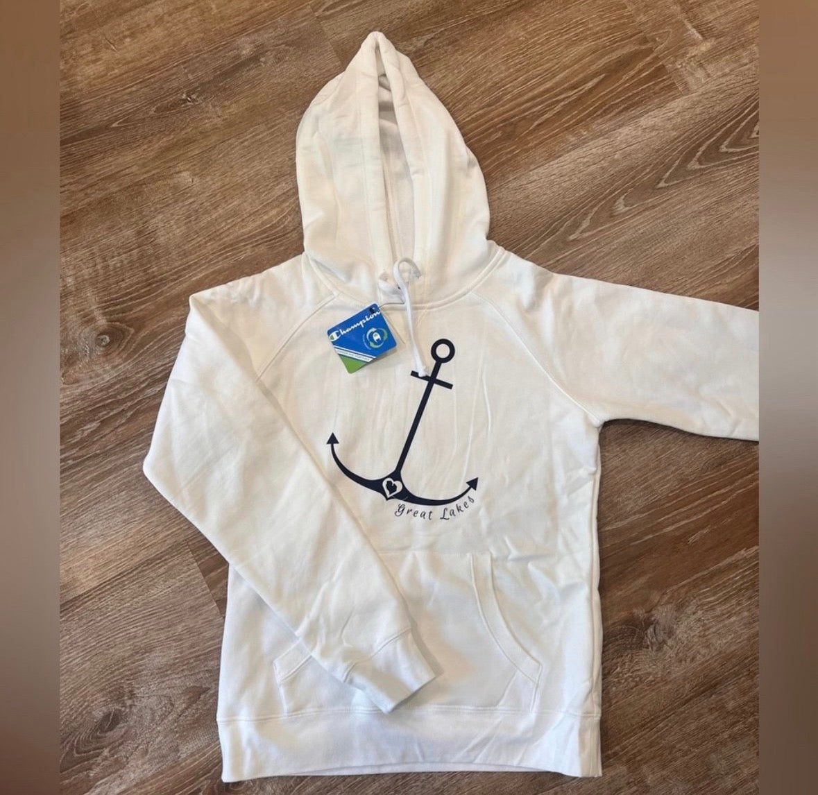 White Kids Hoodie with Navy Anchor Graphic