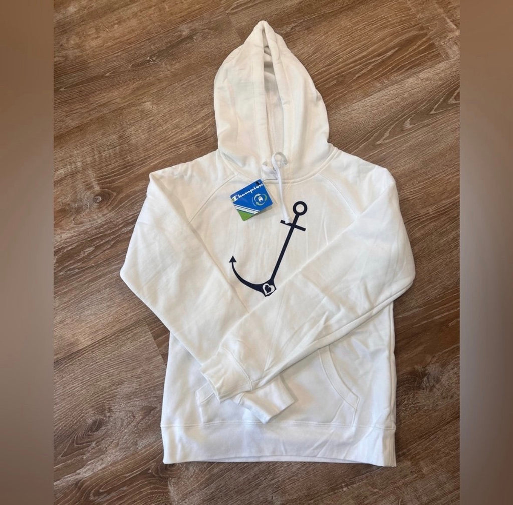 White Kids Hoodie with Navy Anchor Graphic
