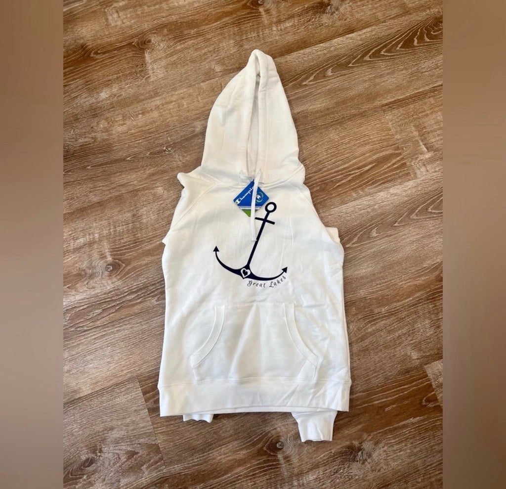 White Kids Hoodie with Navy Anchor Graphic