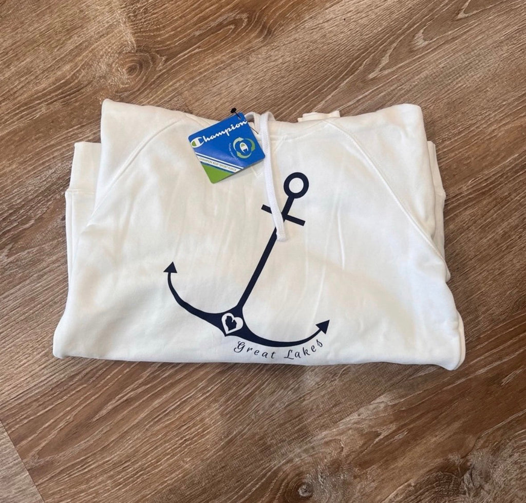 White Kids Hoodie with Navy Anchor Graphic