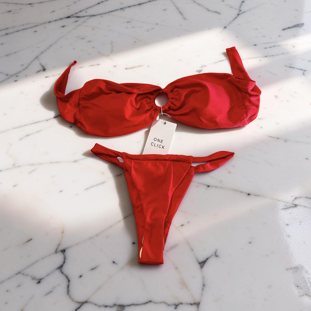 Red Strapless Ring-Front Bikini Set
