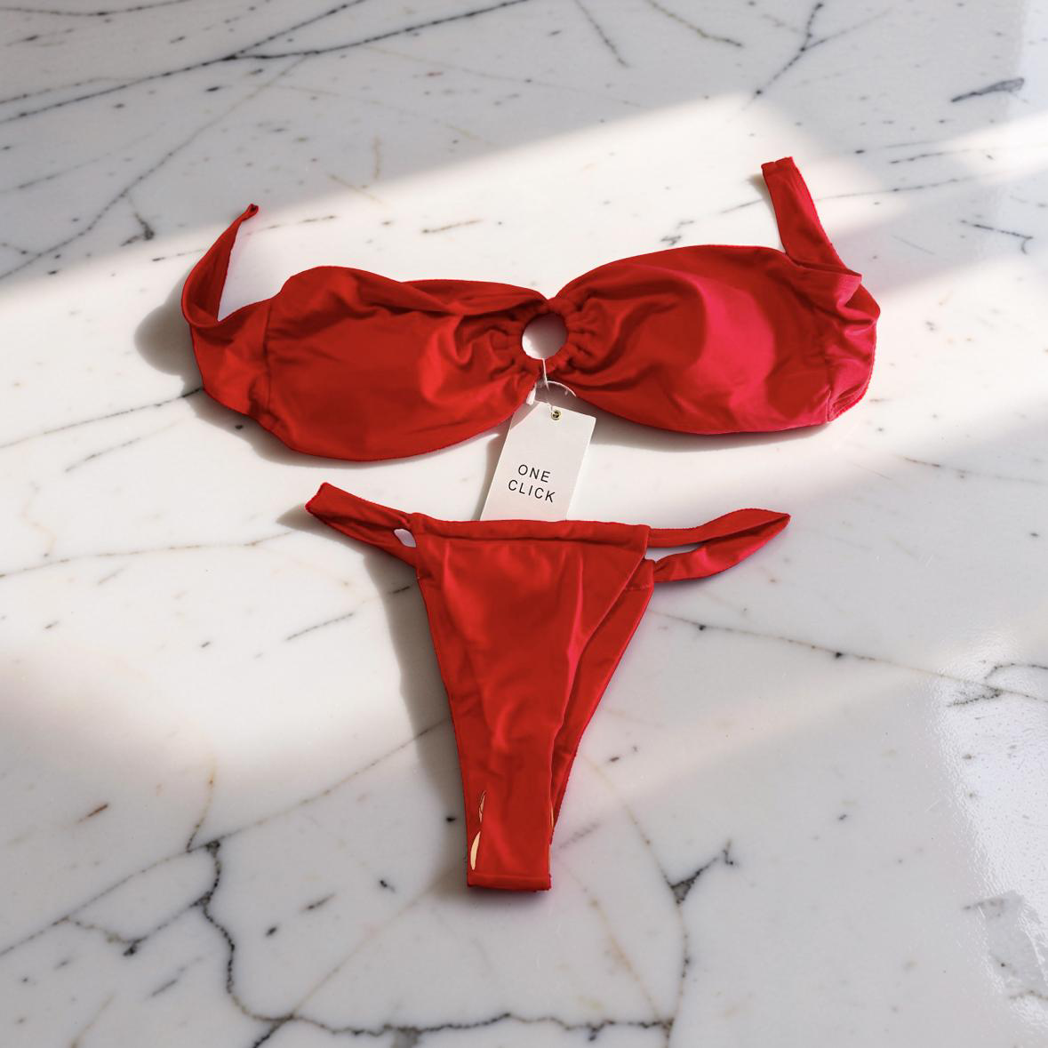 Red Strapless Ring-Front Bikini Set