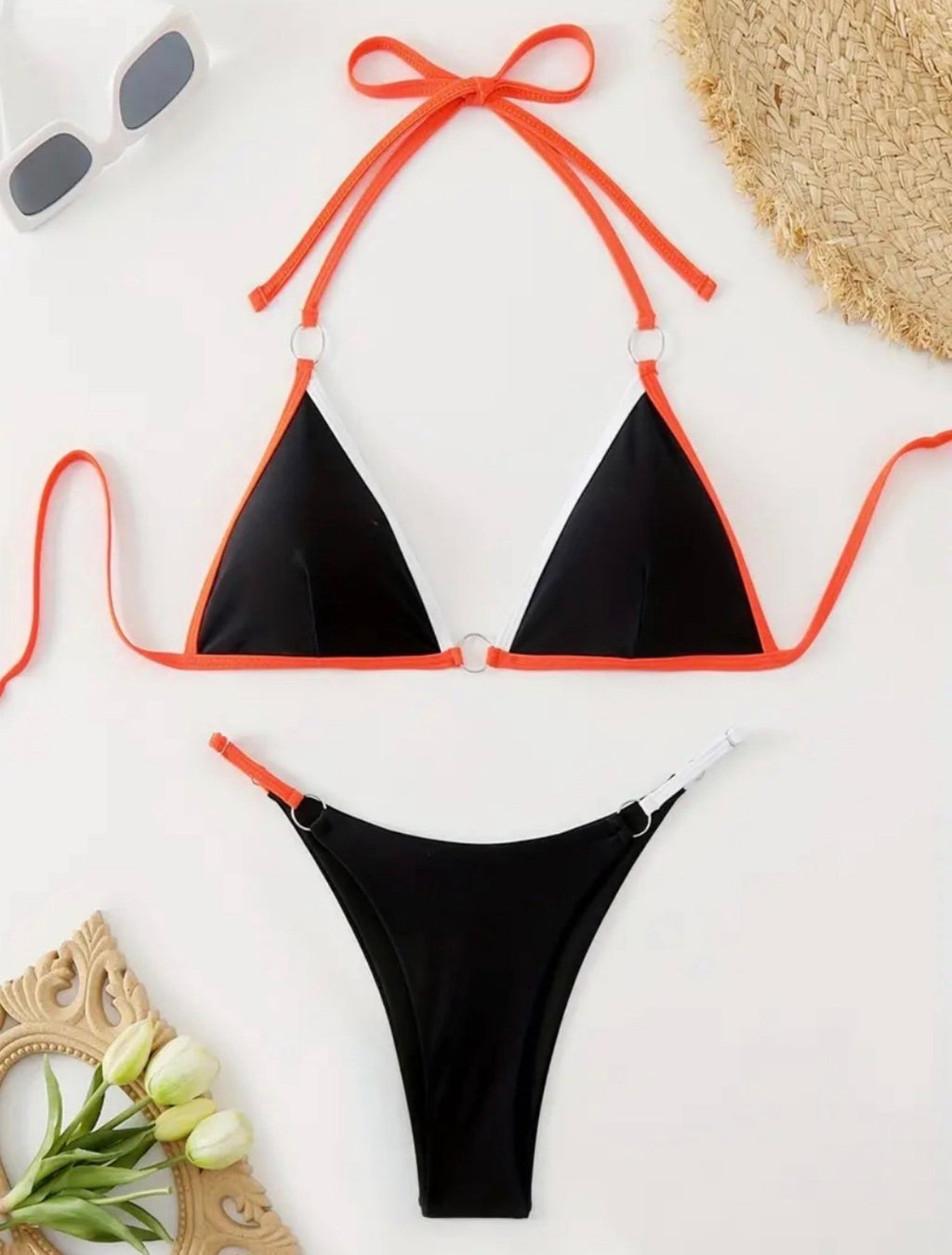 Black Triangle Bikini with Orange Trim