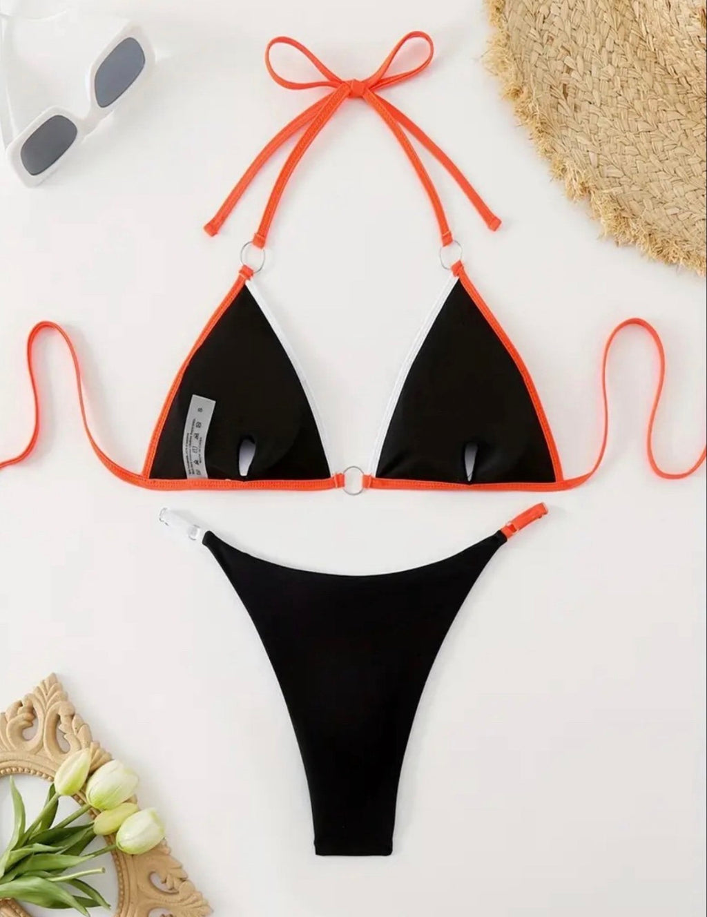 Black Triangle Bikini with Orange Trim