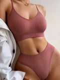 Seamless Ribbed Wireless Bralette & High-Cut Brief Set - Dusty Rose