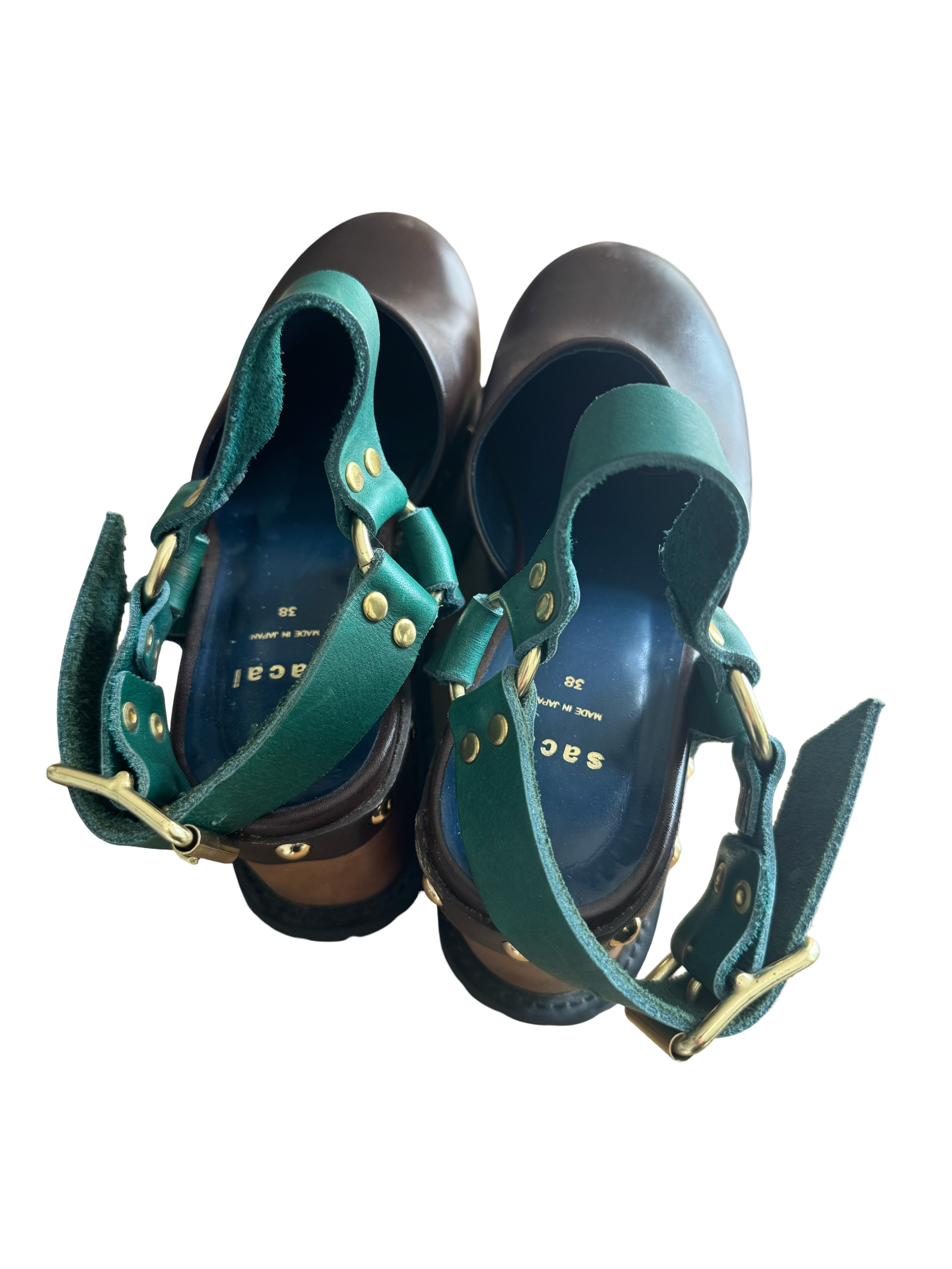 Sacai Wooden Wedge Stud Colourblock Leather Clogs