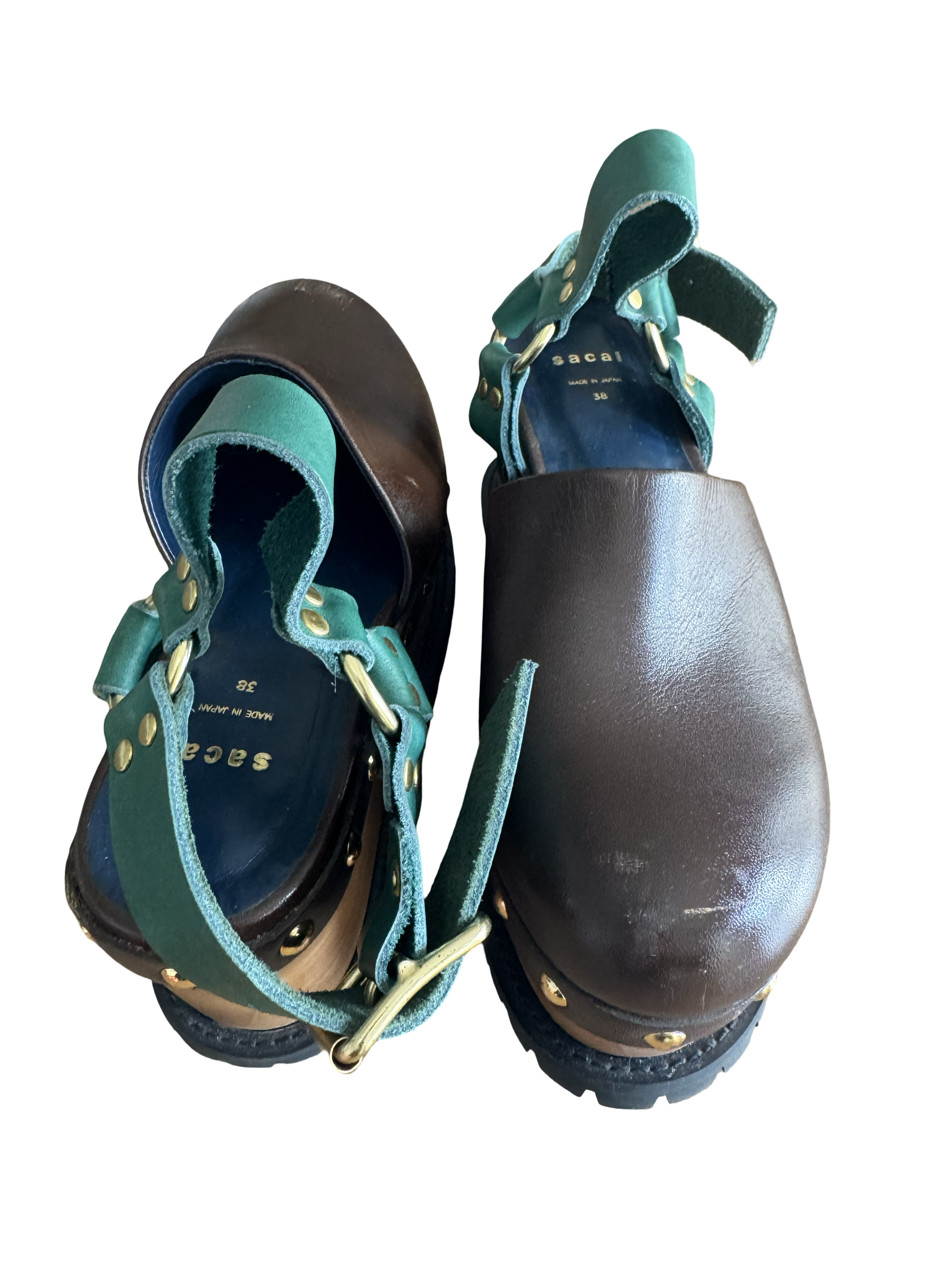 Sacai Wooden Wedge Stud Colourblock Leather Clogs