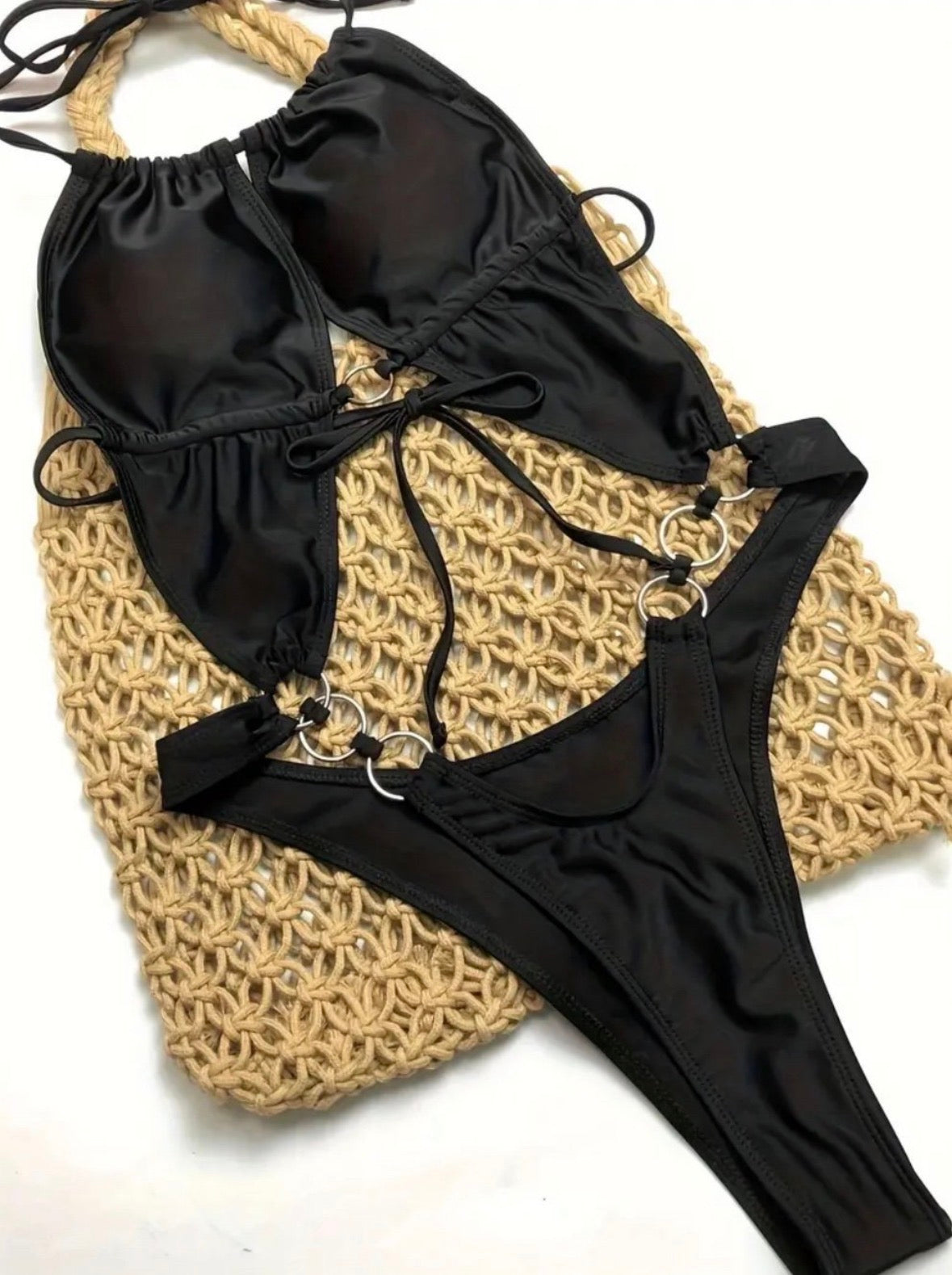 One Piece Halter Neck Ring Link Swimsuit
