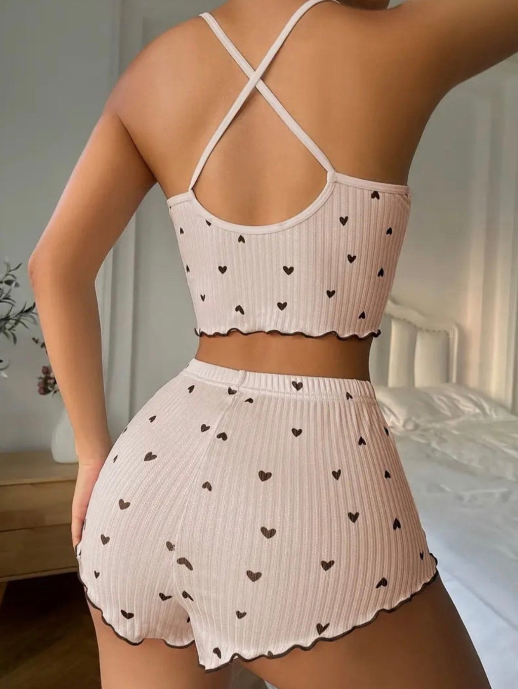 Heart-Print Ribbed Cami & Shorts Sleep Set
