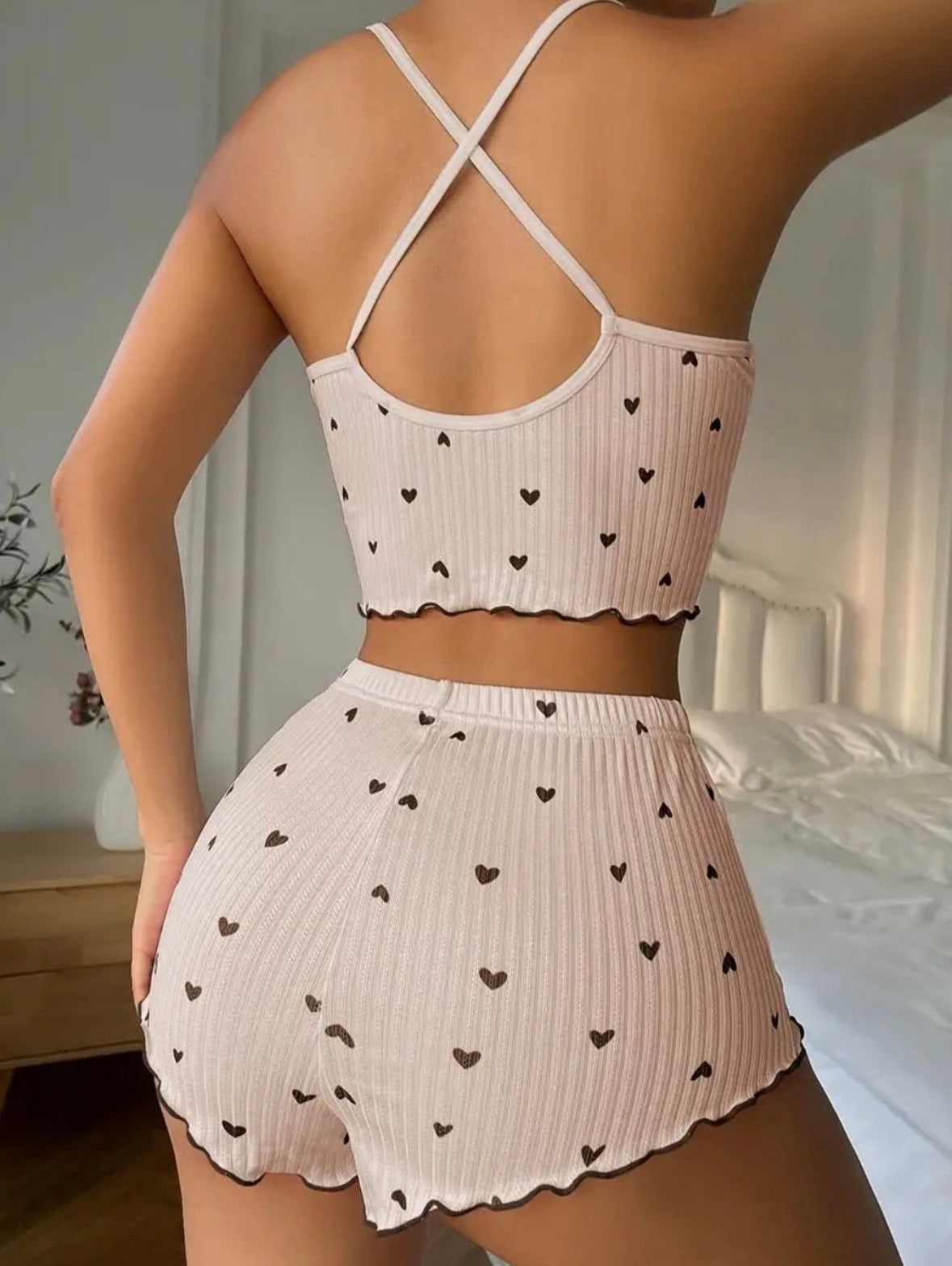 Heart-Print Ribbed Cami & Shorts Sleep Set