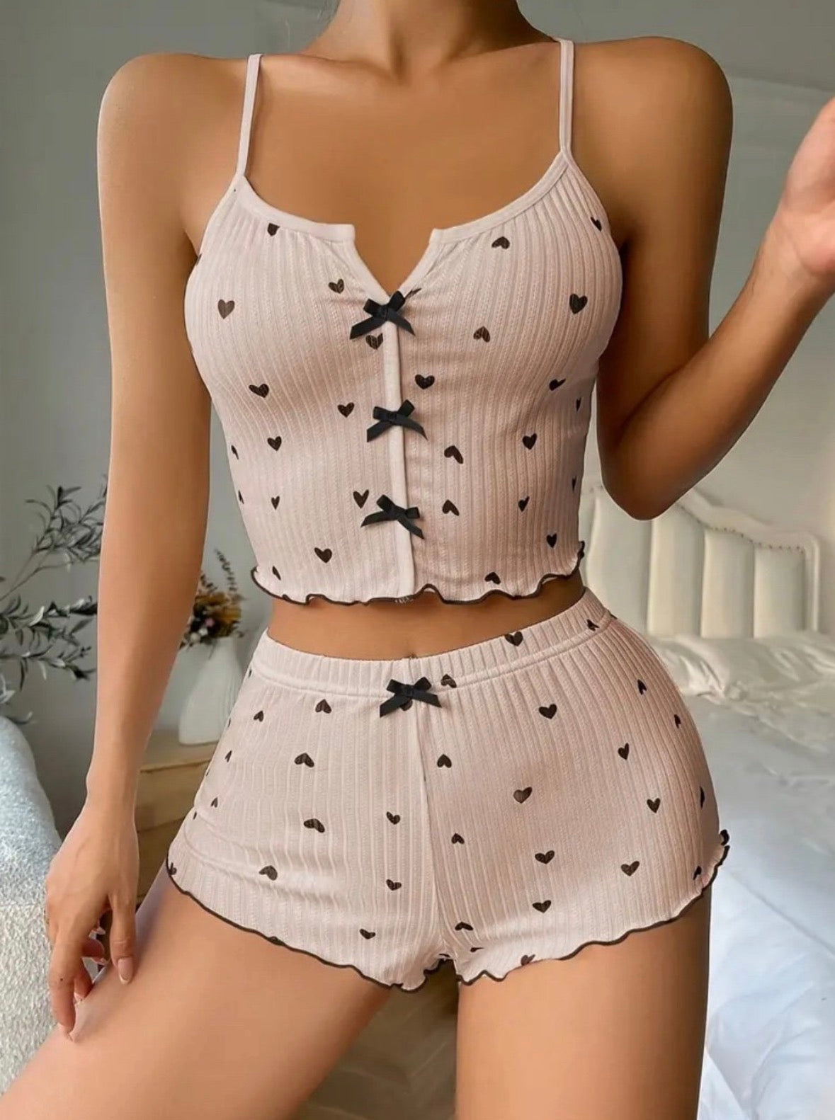 Heart-Print Ribbed Cami & Shorts Sleep Set