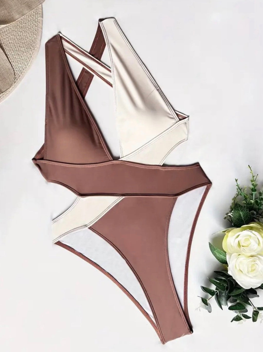 Colorblock Cutout One-Piece Swimsuit in Cream and Brown