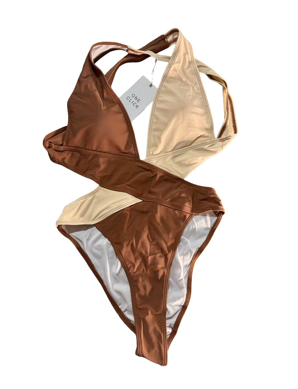 Colorblock Cutout One-Piece Swimsuit in Cream and Brown