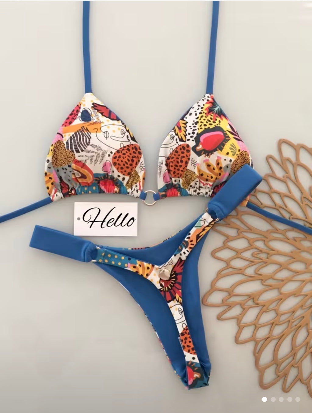 Blue Trim Multicolor Print Triangle Bikini