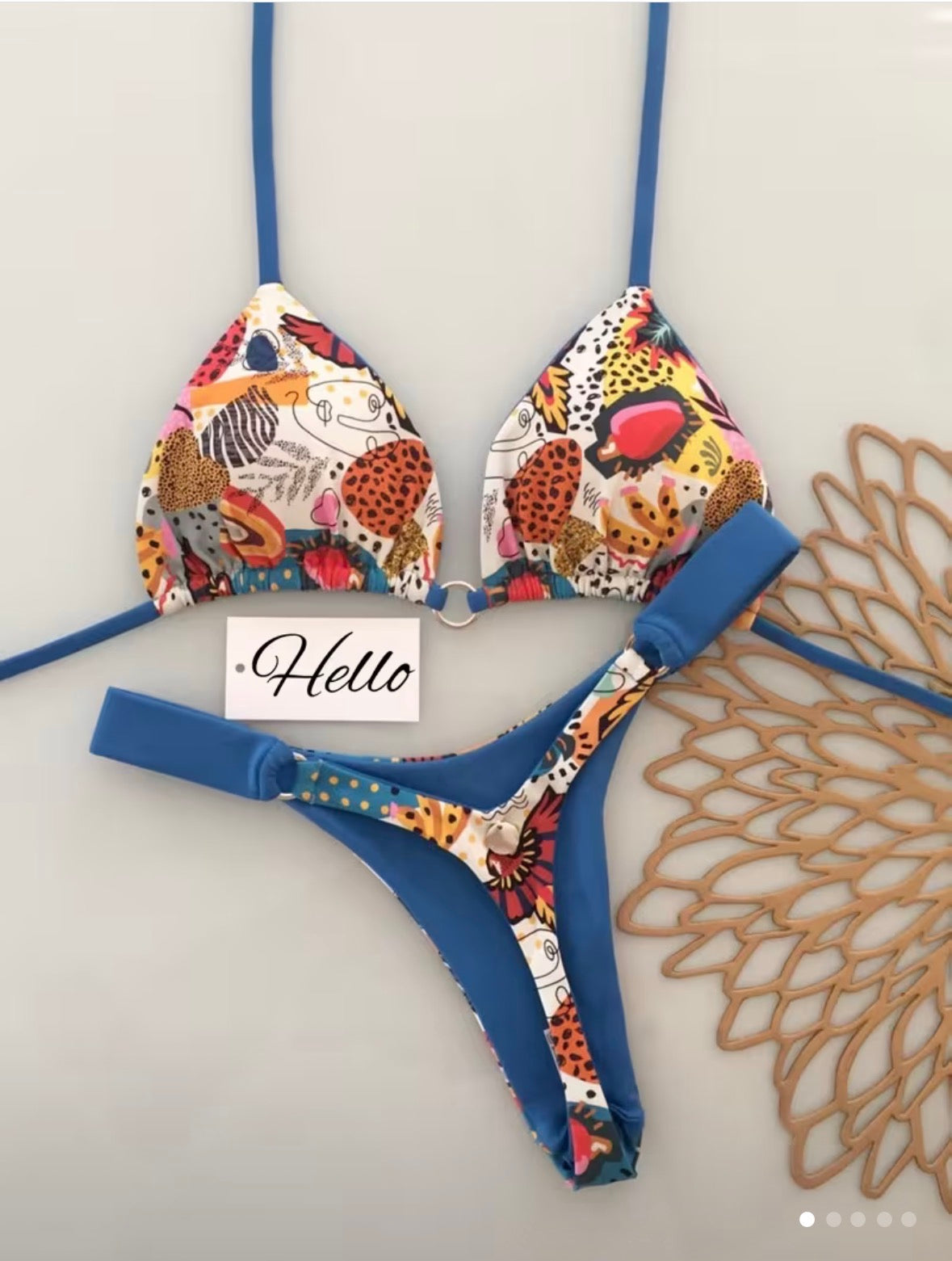 Blue Trim Multicolor Print Triangle Bikini