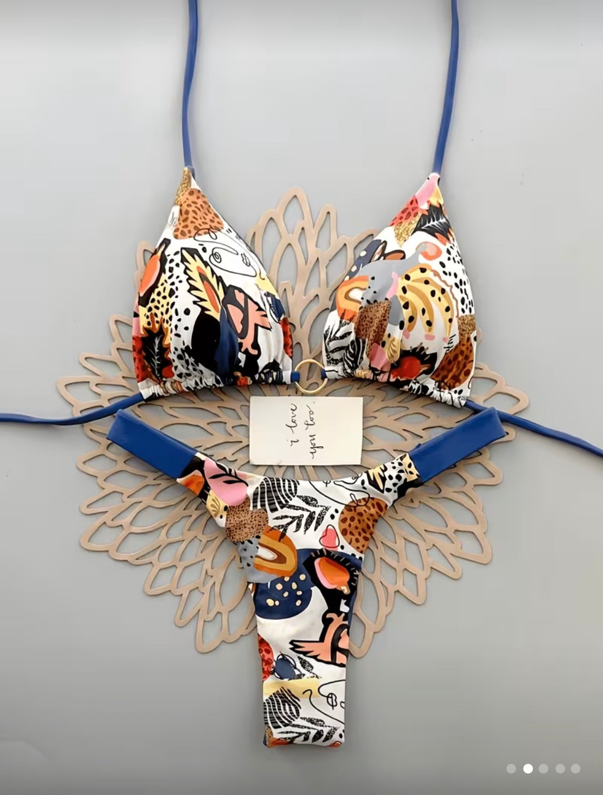 Blue Trim Multicolor Print Triangle Bikini