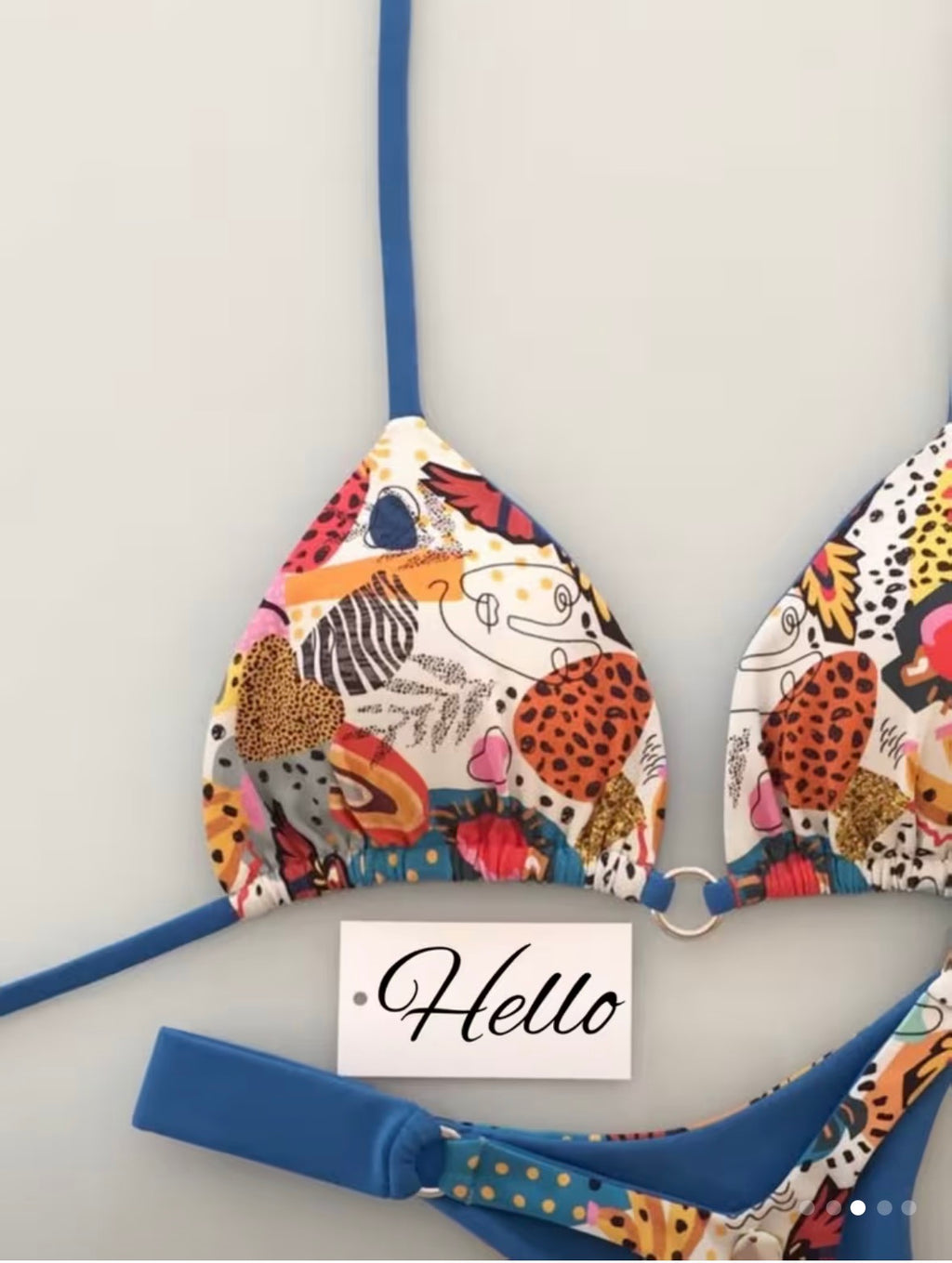 Blue Trim Multicolor Print Triangle Bikini