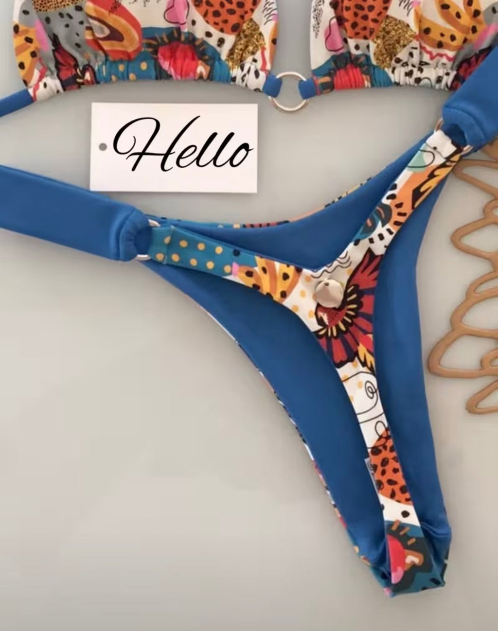 Blue Trim Multicolor Print Triangle Bikini