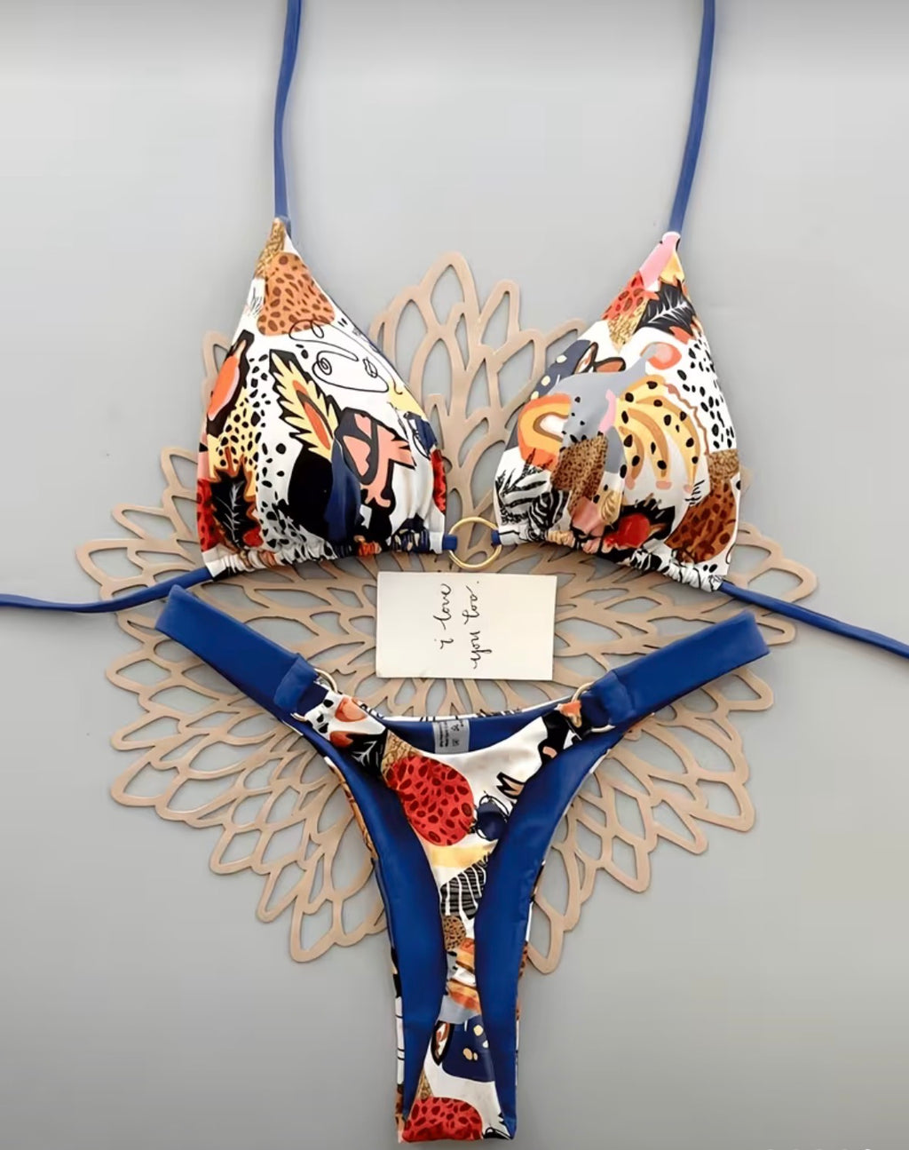 Blue Trim Multicolor Print Triangle Bikini