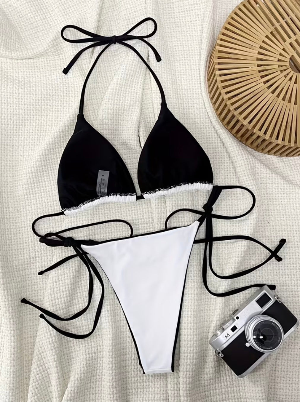 Women’s White & Black Contrast Triangle String Bikini