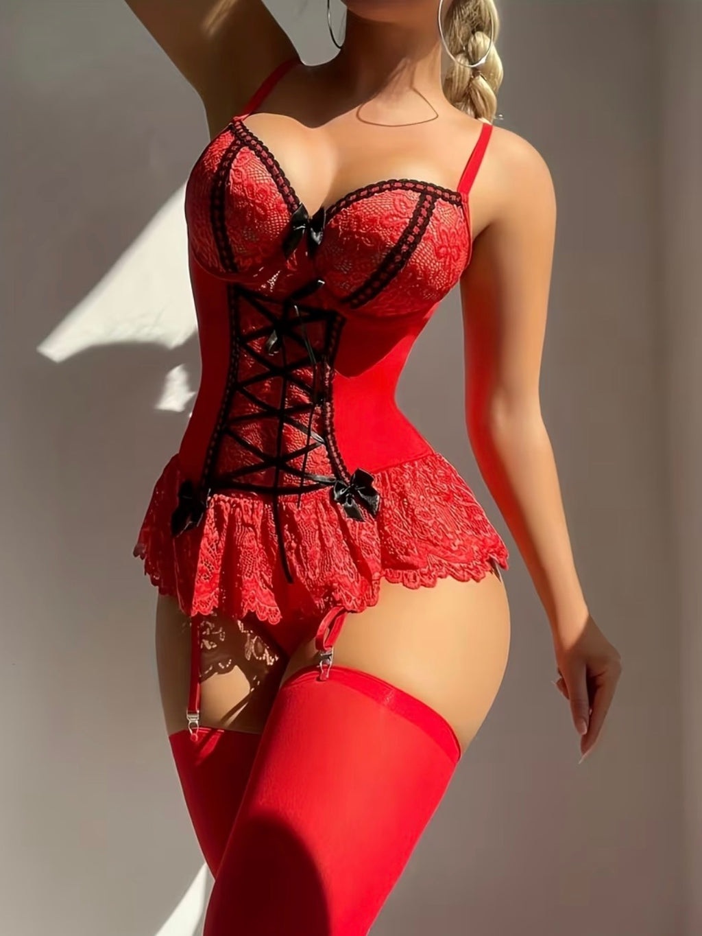 Red Lace Corset Babydoll with Garter Set