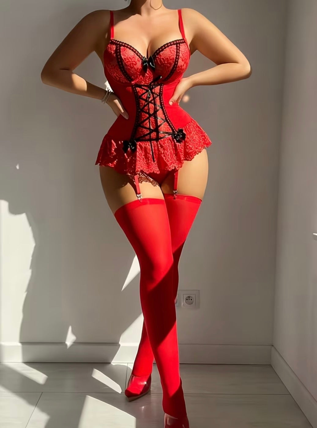 Red Lace Corset Babydoll with Garter Set