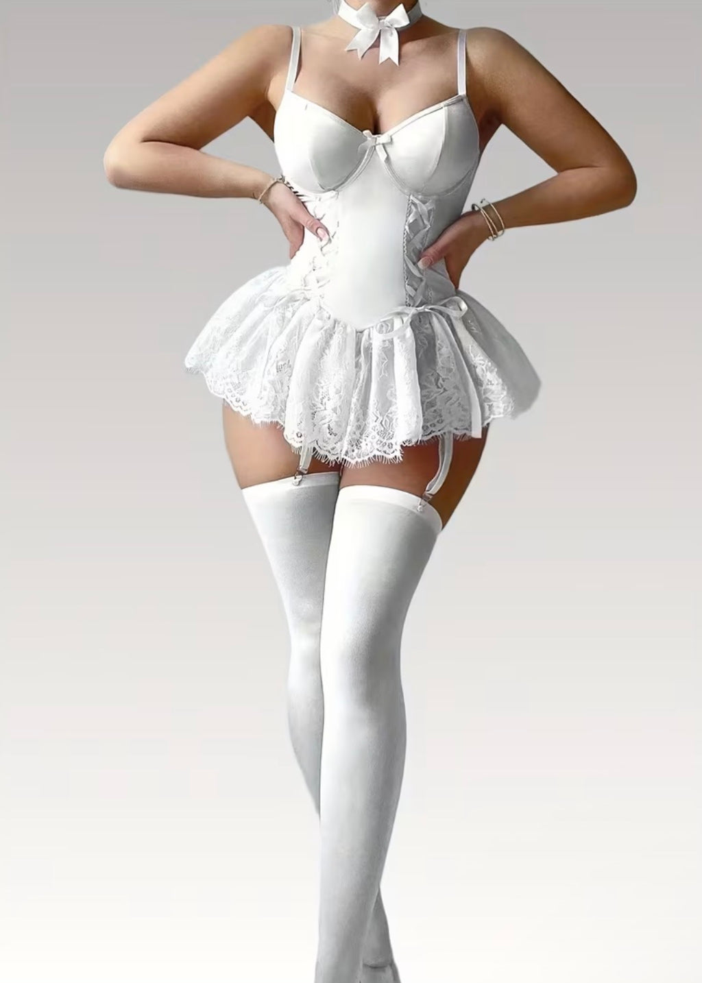 White Lace Corset Babydoll with Bow Accent