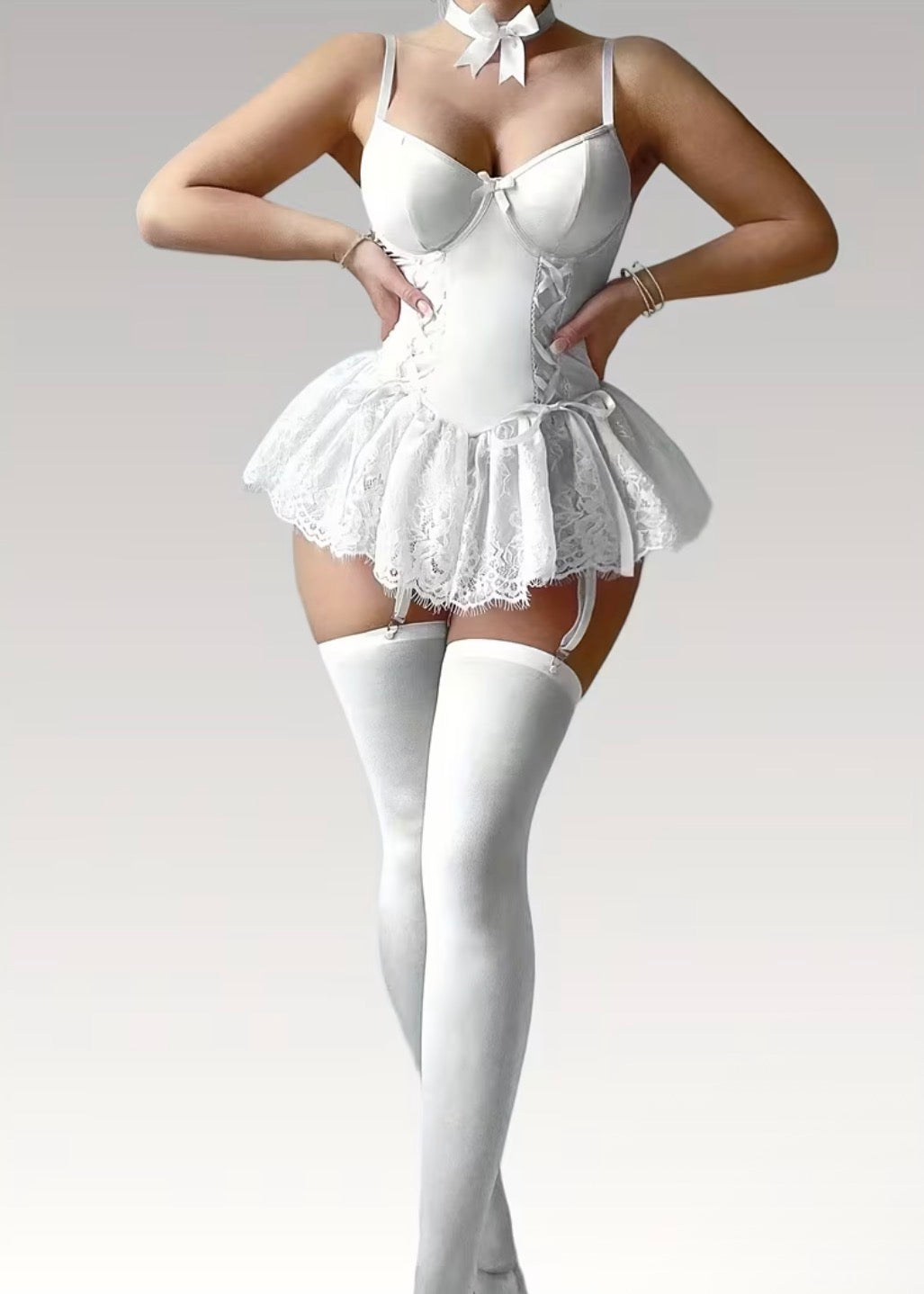 White Lace Corset Babydoll with Bow Accent