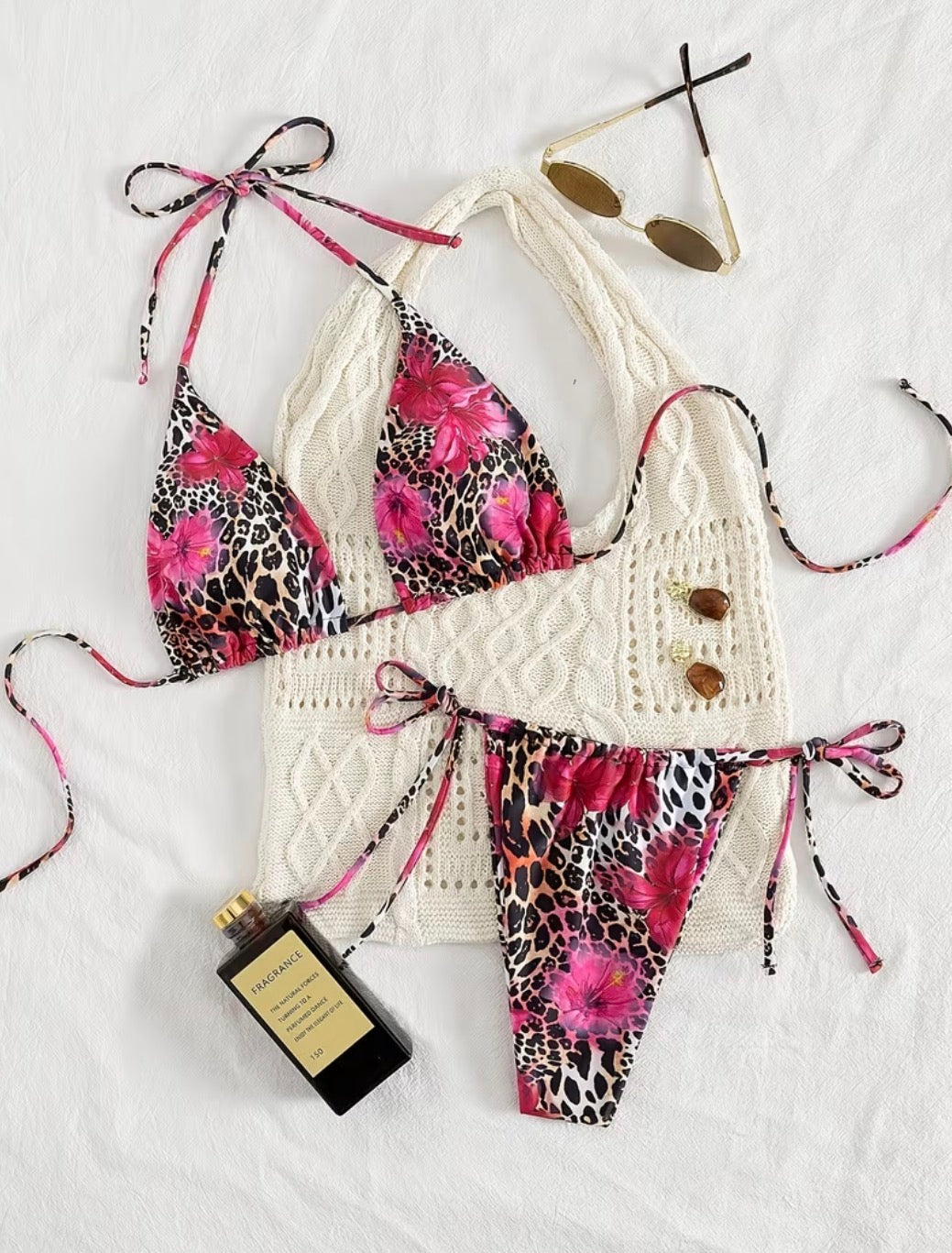 Women's Pink Floral Leopard Print Tie-Side Bikini