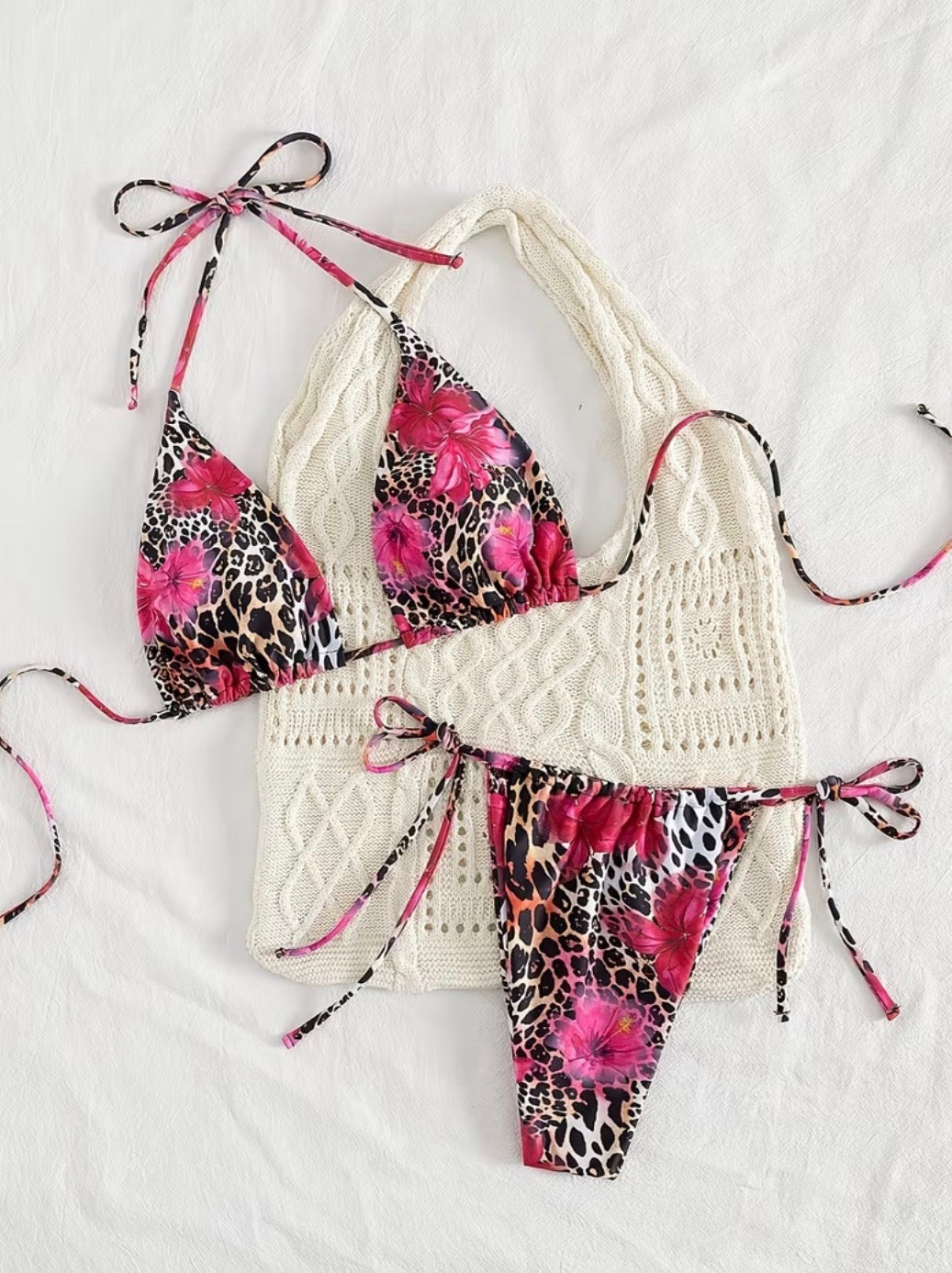 Women's Pink Floral Leopard Print Tie-Side Bikini