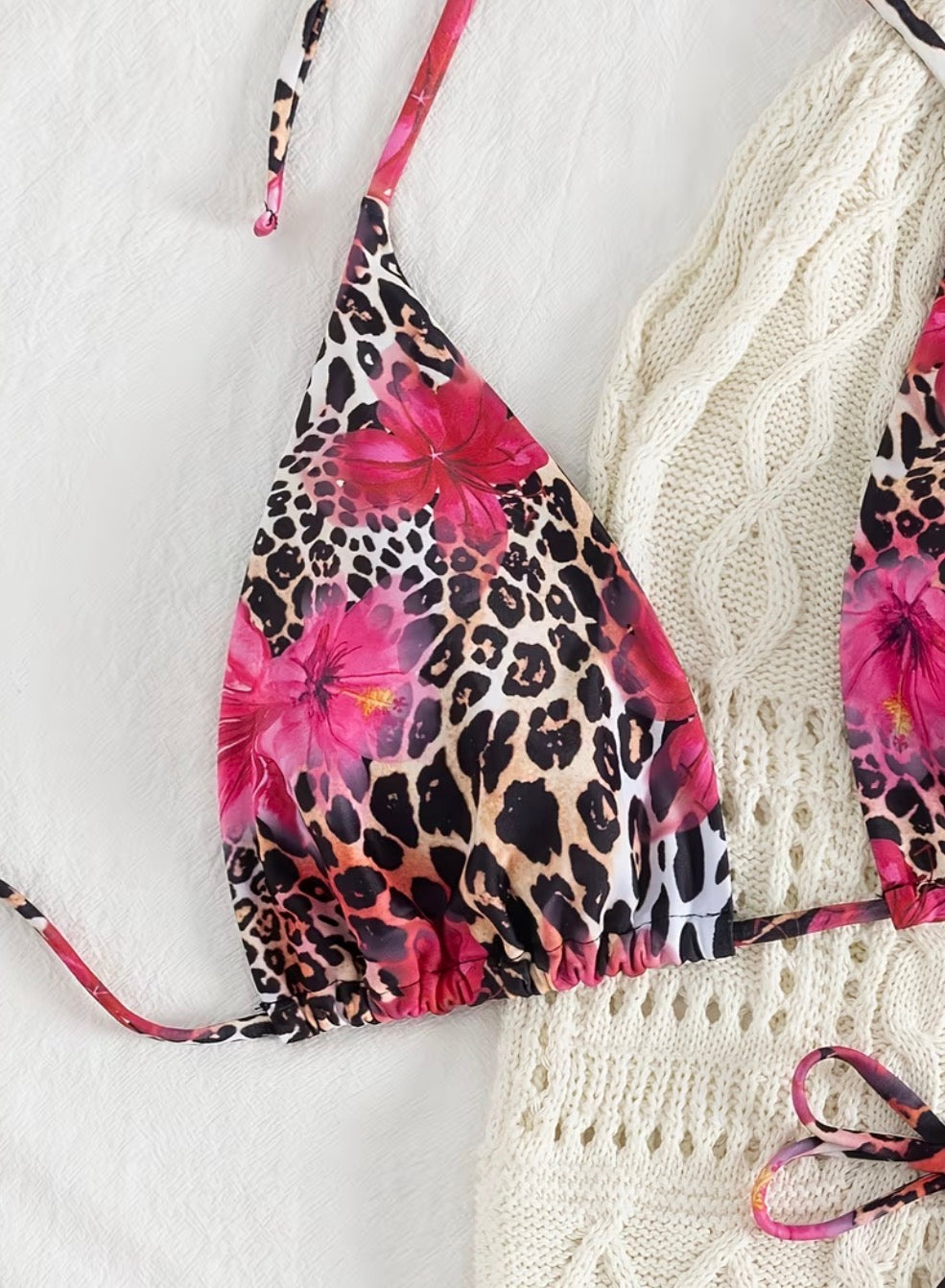 Women's Pink Floral Leopard Print Tie-Side Bikini