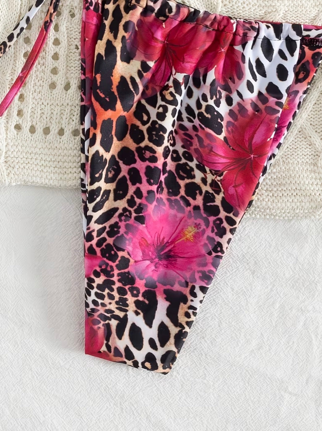 Women's Pink Floral Leopard Print Tie-Side Bikini