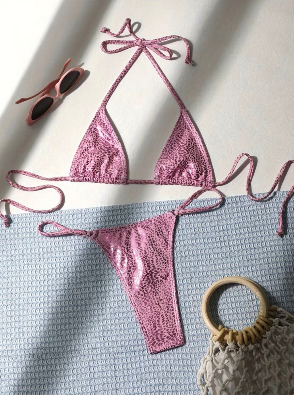 Pink Animal-Print Triangle Bikini Set